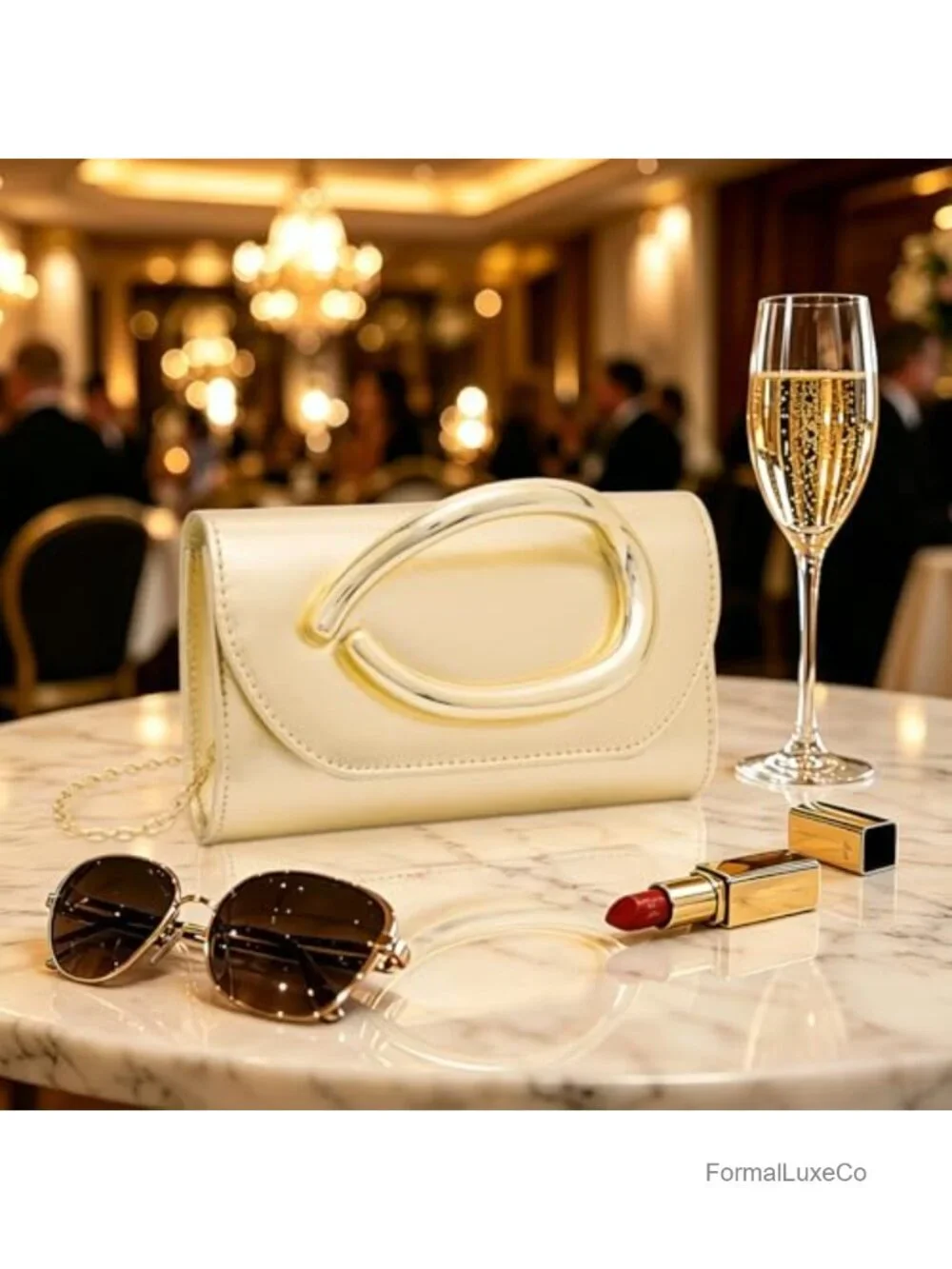 Faux Leather Evening Clutch with 3D Gold Handle and Chain for Weddings